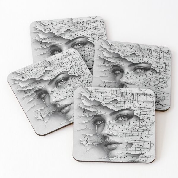 Item preview, Woman Behind Torn Sheet Music – Black and White Music Collage Art Print designed and sold by Kaleidoscope Print.