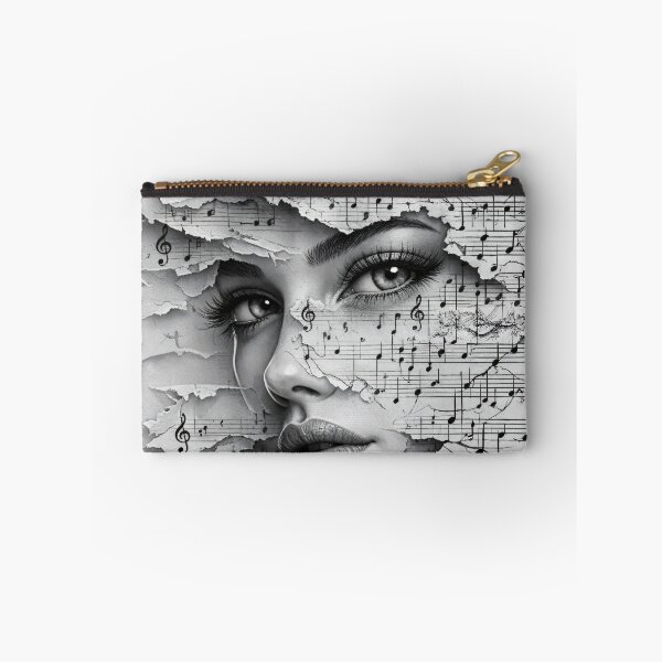 Aperçu de l'œuvre Femme derrière une partition déchirée – Collage musical en noir et blanc créée et vendue par Kaleidoscope Print.