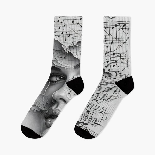 Item preview, Woman Behind Torn Sheet Music – Black and White Music Collage Art Print designed and sold by Kaleidoscope Print.