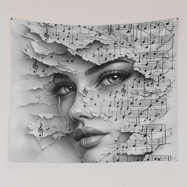 Item preview, Woman Behind Torn Sheet Music – Black and White Music Collage Art Print designed and sold by Kaleidoscope Print.