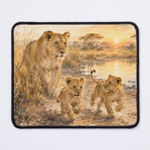 Item preview, Lioness and Two Cubs at Sunrise - Landscape designed and sold by Island Pace Design.