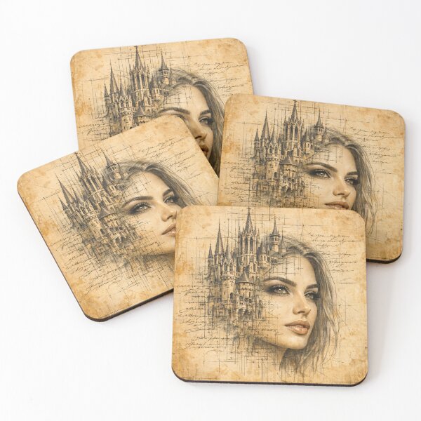 Item preview, Vintage Castle Woman Portrait – Sepia Gothic Architecture Collage Art Print designed and sold by Kaleidoscope Print.