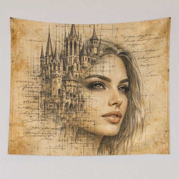 Item preview, Vintage Castle Woman Portrait – Sepia Gothic Architecture Collage Art Print designed and sold by Kaleidoscope Print.