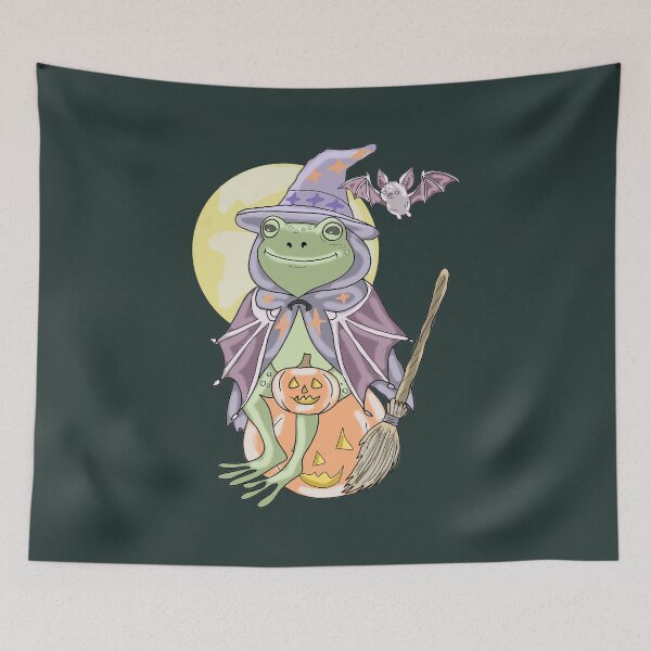 Item preview, Frog Witch on Pumpkin Cute Halloween Cottagecore Bat designed and sold by LeshanArt.