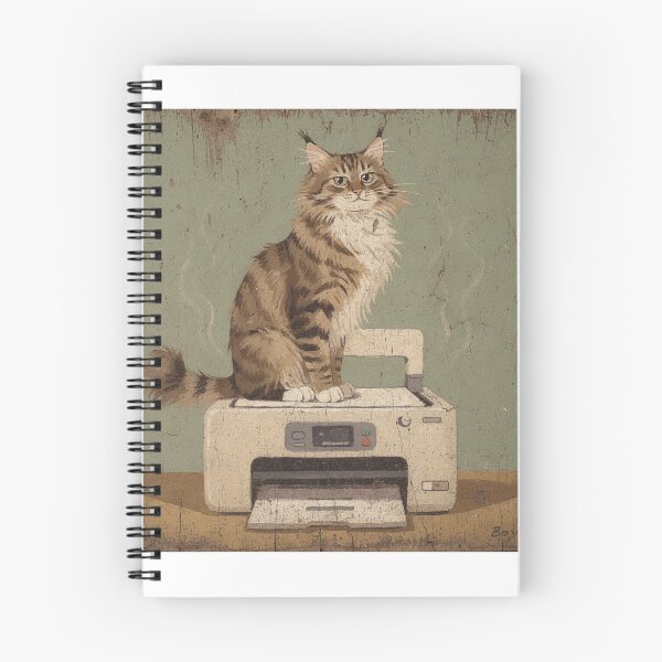 Item preview, Maine Coon Cat Sitting Proudly on Top of the Warm Printer Folk Art designed and sold by PictorialWhimsy.