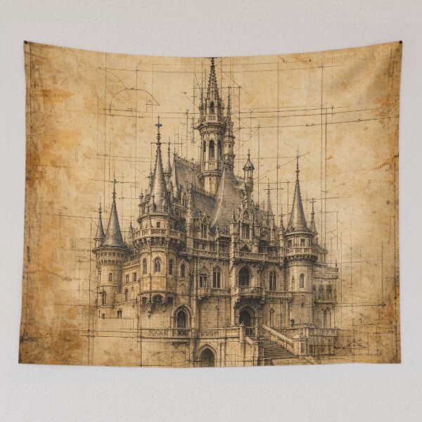 Item preview, Vintage Gothic Castle Blueprint – Antique Architectural Sketch Art Print designed and sold by Kaleidoscope Print.