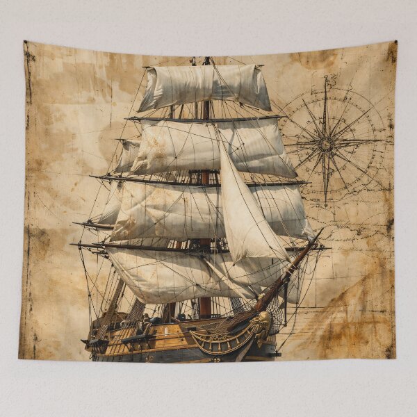 Item preview, Vintage Sailing Ship with Compass – Antique Nautical Adventure Art Print designed and sold by Kaleidoscope Print.