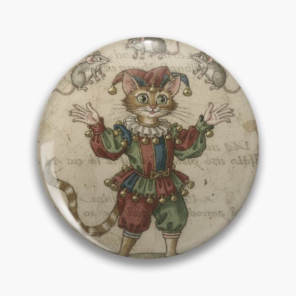 Item preview, Medieval Cat Jester Juggling Three Startled Mice Manuscript Art designed and sold by PictorialWhimsy.