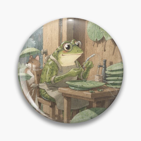 Item preview, Frog Umbrella-Maker Stitching Lily-Pad Parasols for the Rain Cottagecore Art designed and sold by PictorialWhimsy.