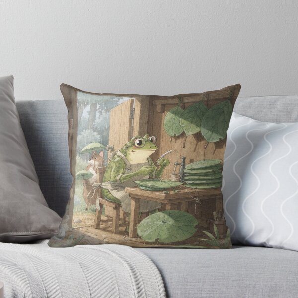 Item preview, Frog Umbrella-Maker Stitching Lily-Pad Parasols for the Rain Cottagecore Art designed and sold by PictorialWhimsy.
