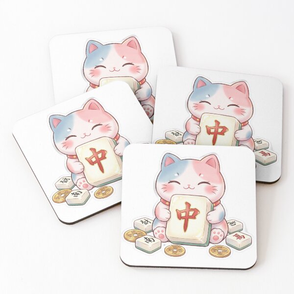 Item preview, Kawaii Lucky Cat Mahjong - Cute Maneki Neko with Red Dragon Tile designed and sold by inkaylindesign.