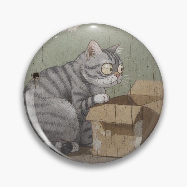Item preview, Grey Tabby Cat Staring Into an Empty Box It No Longer Fits Folk Art designed and sold by PictorialWhimsy.