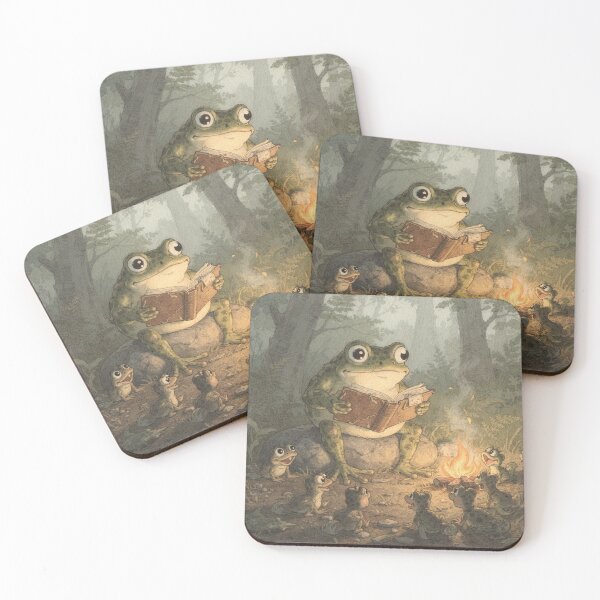 Item preview, Toad Storyteller Reading to a Circle of Tadpoles by Firelight Cottagecore Art designed and sold by PictorialWhimsy.