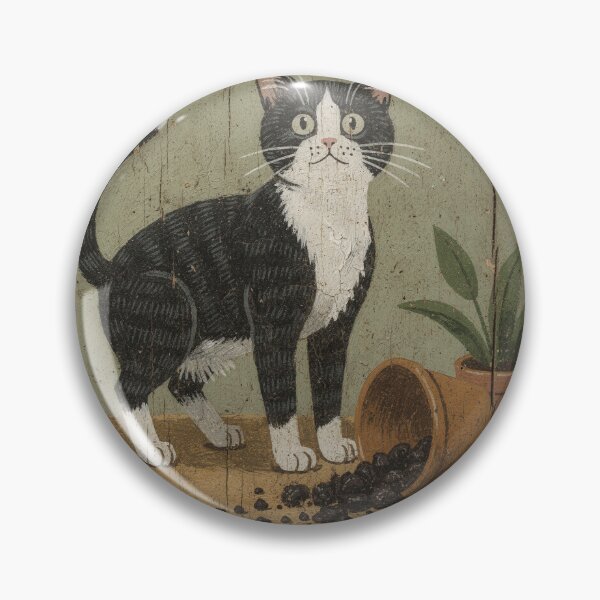 Item preview, Tuxedo Cat Standing Guard Over a Knocked-Over Houseplant Folk Art designed and sold by PictorialWhimsy.