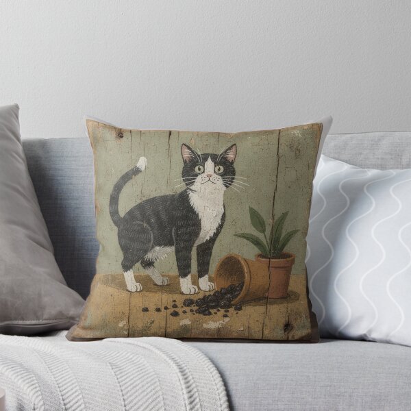 Item preview, Tuxedo Cat Standing Guard Over a Knocked-Over Houseplant Folk Art designed and sold by PictorialWhimsy.