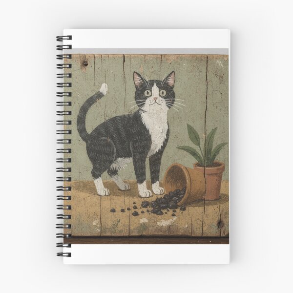 Item preview, Tuxedo Cat Standing Guard Over a Knocked-Over Houseplant Folk Art designed and sold by PictorialWhimsy.