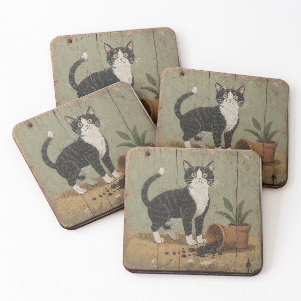 Item preview, Tuxedo Cat Standing Guard Over a Knocked-Over Houseplant Folk Art designed and sold by PictorialWhimsy.