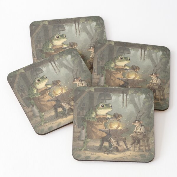 Item preview, Frog Blacksmith Hammering a Tiny Horseshoe for a Cricket Cottagecore Art designed and sold by PictorialWhimsy.