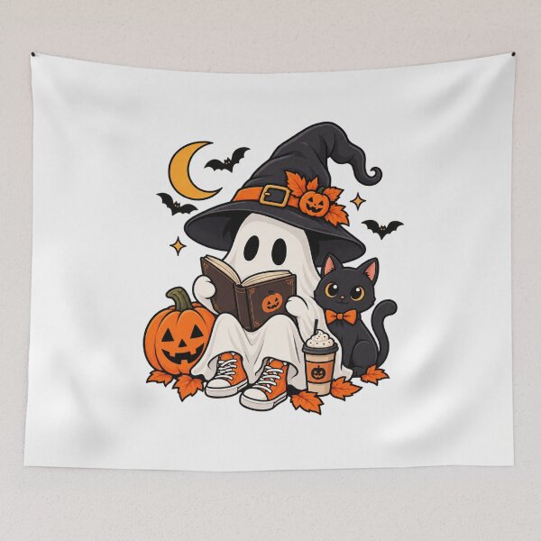 Item preview, Cute Halloween Ghost Witch Reading Book with Black Cat designed and sold by afr-saad.