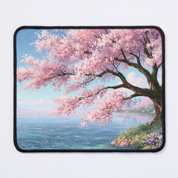 Item preview, A beautiful cherry blossom tree above a blue lake | Landscape designed and sold by Schmidsi.