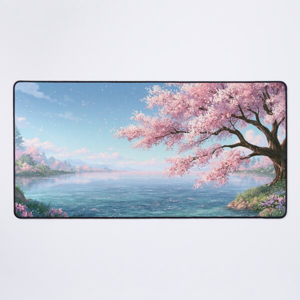 Item preview, A beautiful cherry blossom tree above a blue lake | Landscape designed and sold by Schmidsi.
