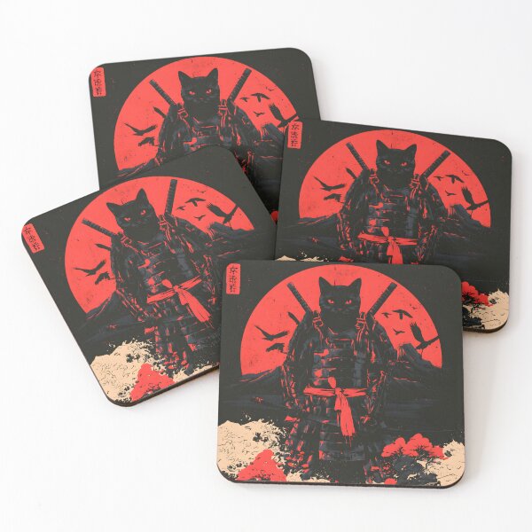 Item preview, Black Cat Samurai Warrior Rising Sun Ukiyo-e Woodcut Art designed and sold by GrinGalore.