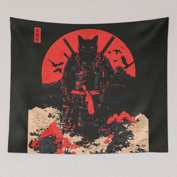 Item preview, Black Cat Samurai Warrior Rising Sun Ukiyo-e Woodcut Art designed and sold by GrinGalore.