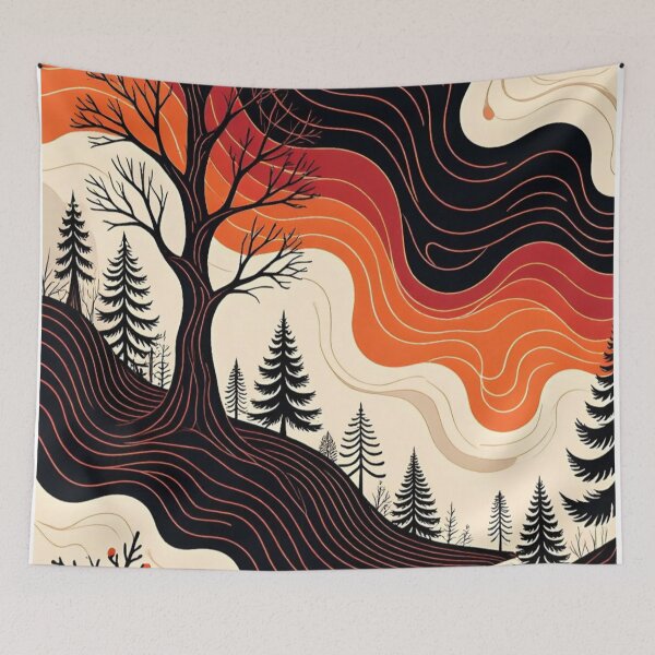 Item preview, Retro Autumn Forest Linocut Vintage Wavy Nature Landscape designed and sold by LYAN-STORE.