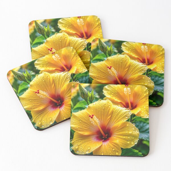 Item preview, Golden Hibiscus Flowers with Dew Drops Tropical Floral Garden designed and sold by Wild Bloom Paws.