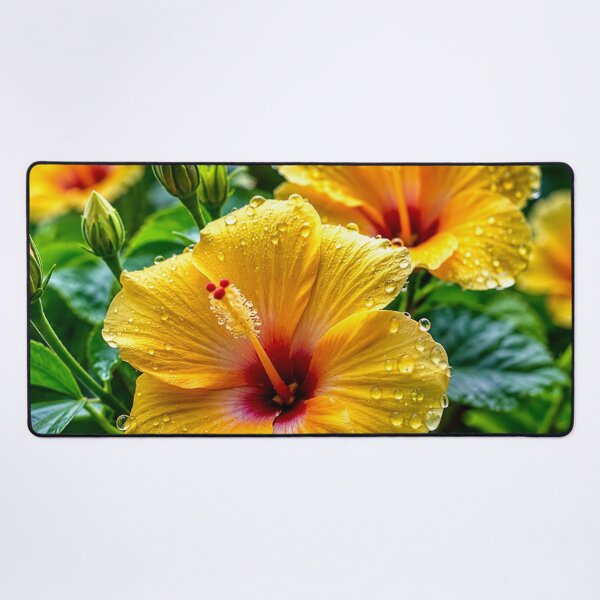 Item preview, Golden Hibiscus Flowers with Dew Drops Tropical Floral Garden designed and sold by Wild Bloom Paws.