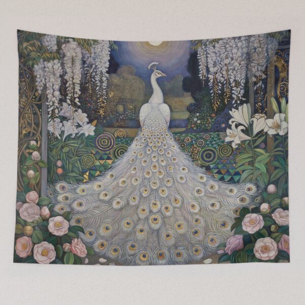 Item preview, White Peacock Moon Garden – Klimt Inspired Peacock Art, Gold Botanical Luxury Wall Decor designed and sold by Tamas Das.