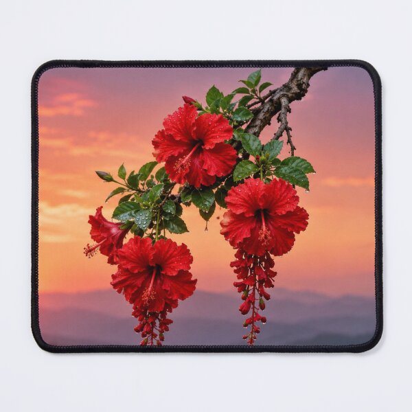 Item preview, Red Hibiscus Flowers Against a Pink Sunset designed and sold by Wild Bloom Paws.