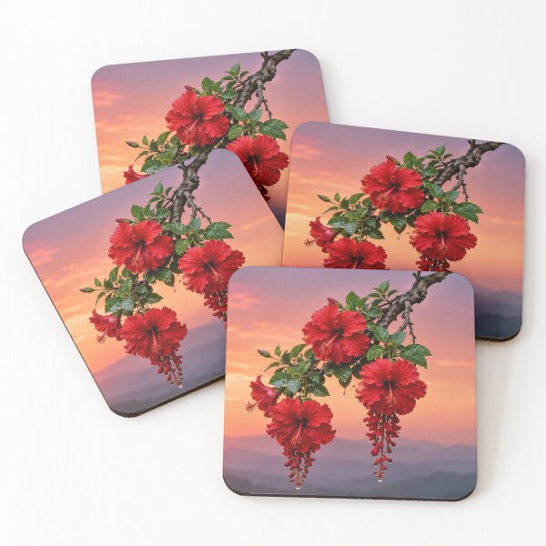 Item preview, Red Hibiscus Flowers Against a Pink Sunset designed and sold by Wild Bloom Paws.