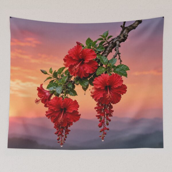 Item preview, Red Hibiscus Flowers Against a Pink Sunset designed and sold by Wild Bloom Paws.
