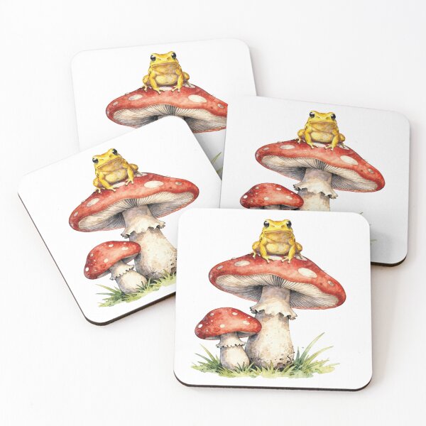 Item preview, Yellow frog on red mushrooms - fairy tale watercolor designed and sold by WildArtIT.