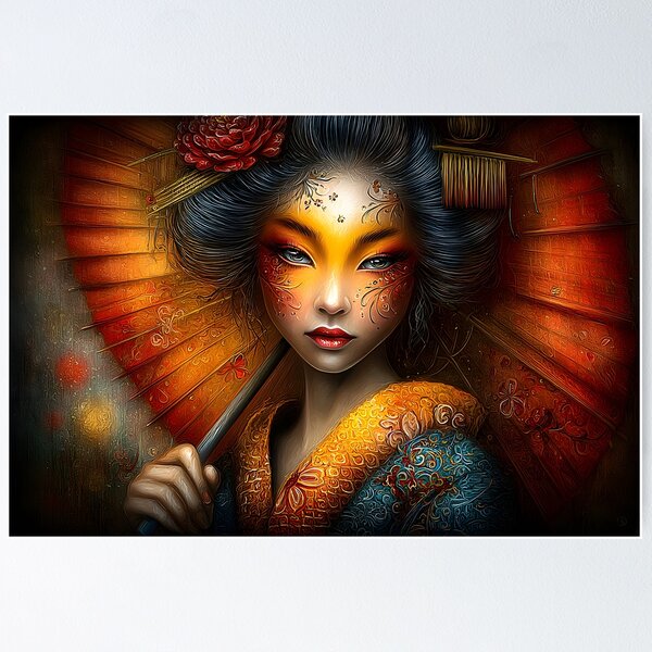 Item preview, Elegant Geisha with Vibrant Colors and Umbrella Art designed and sold by Artessie.
