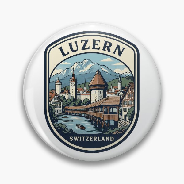 Item preview, Vintage Luzern Switzerland Chapel Bridge Mountain Badge designed and sold by k3rstman1.