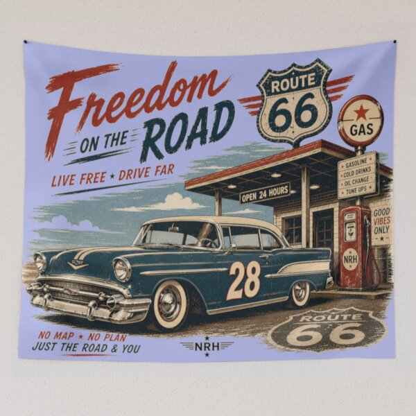 Item preview, Freedom On The Road Route 66 Vintage Classic Car Art designed and sold by Normandy Road Heritage™ - Vintage Garage Art.