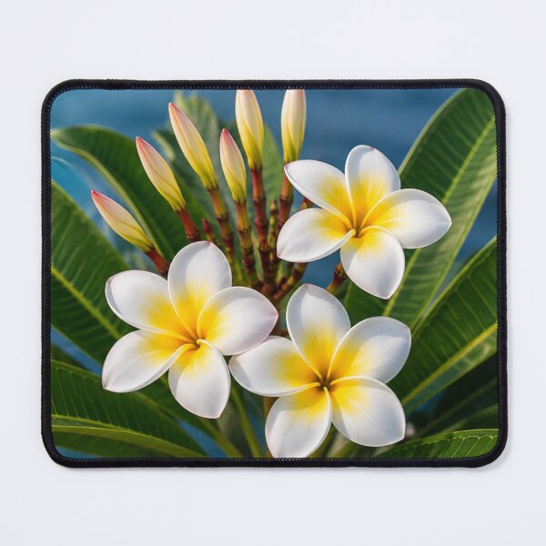 Item preview, White Plumeria Flowers with Golden Centres and Tropical Green Leaves designed and sold by Wild Bloom Paws.