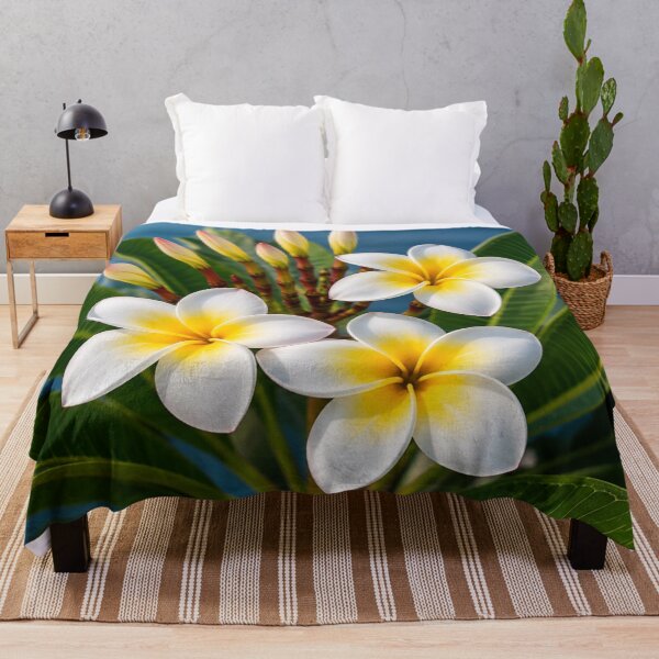 Item preview, White Plumeria Flowers with Golden Centres and Tropical Green Leaves designed and sold by Wild Bloom Paws.