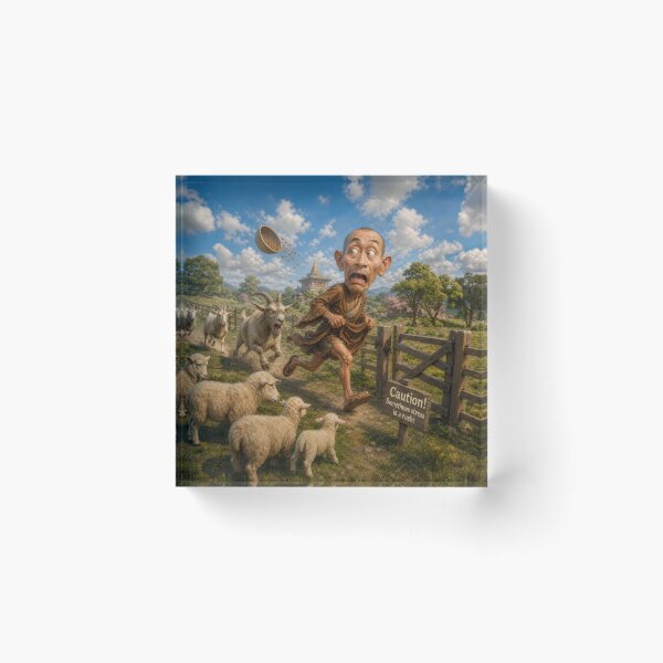 Item preview, Scared Monk Chased By Angry Goat Farm Poster designed and sold by The Brother Wu Collection.