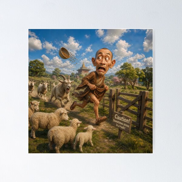 Item preview, Scared Monk Chased By Angry Goat Farm Poster designed and sold by The Brother Wu Collection.