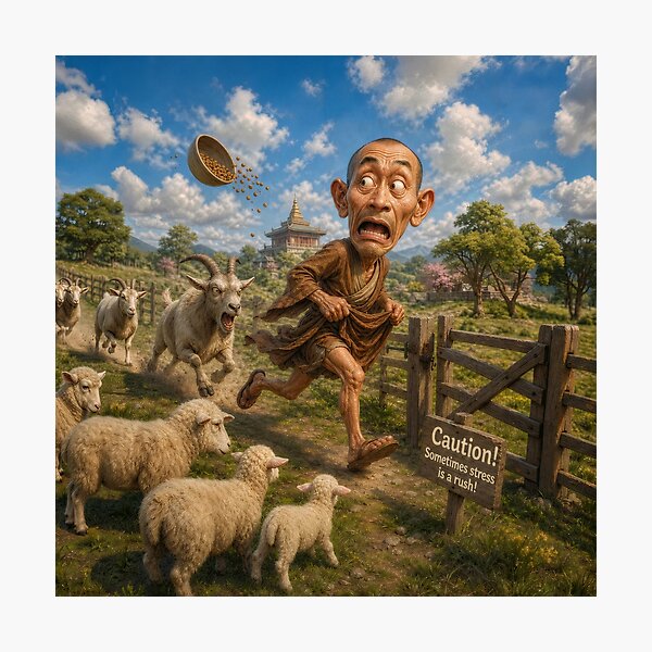 Item preview, Scared Monk Chased By Angry Goat Farm Poster designed and sold by The Brother Wu Collection.