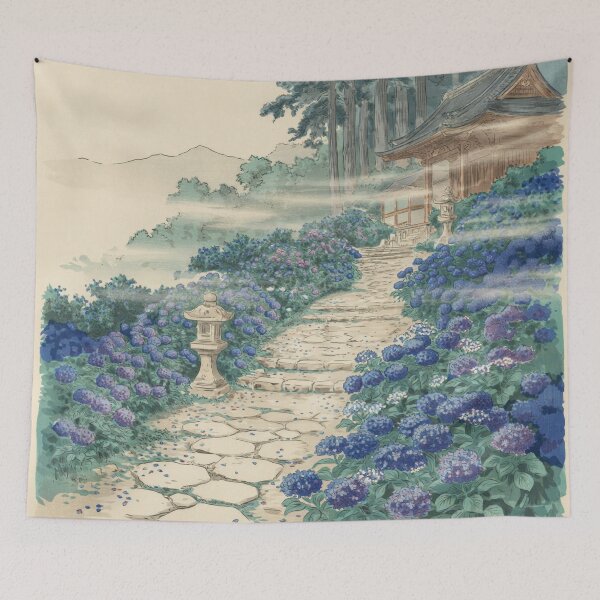 Item preview, Hokusai Inspired Hydrangea Temple Path – Japanese Ukiyo-e Blue Hydrangea Garden Wall Art designed and sold by Tamas Das.