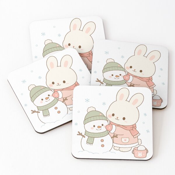 Item preview, Kawaii Bunny Building Snowman Winter Art designed and sold by daldadesign.