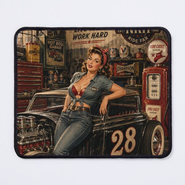 Item preview, Fifties Speed Shop Hot Rod Pin Up Girl Garage Retro Art designed and sold by Normandy Road Heritage™ - Vintage Garage Art.