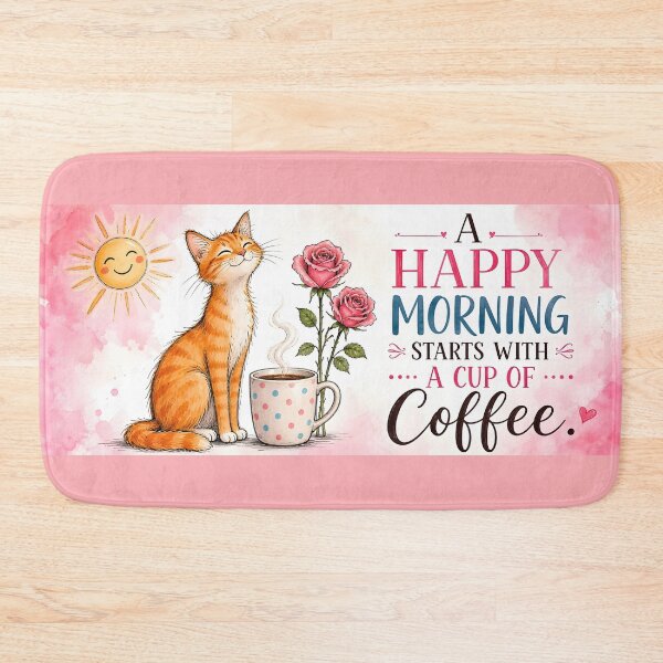 Item preview, A Happy Morning Starts with Coffee – Cute Cat & Coffee designed and sold by ZanyPaintbrush.