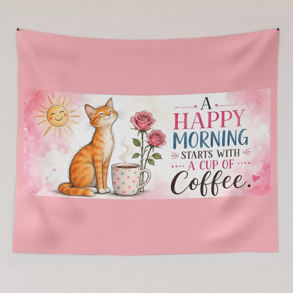 Item preview, A Happy Morning Starts with Coffee – Cute Cat & Coffee designed and sold by ZanyPaintbrush.