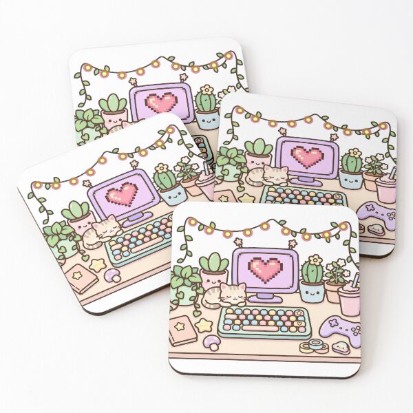 Item preview, Kawaii Cozy Gaming Desk Setup - Pastel Plants Cat Pixel Heart - Lofi Gamer Room designed and sold by Petringo.