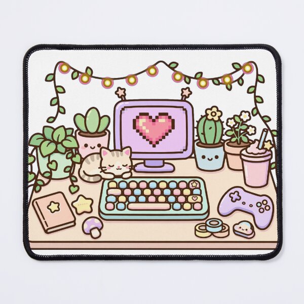 Item preview, Kawaii Cozy Gaming Desk Setup - Pastel Plants Cat Pixel Heart - Lofi Gamer Room designed and sold by Petringo.